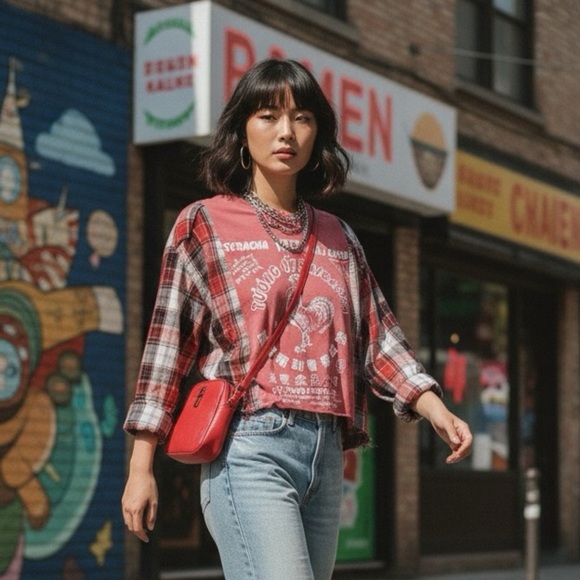 Upcycled Sriracha Graphic Tee Plaid Flannel Long Sleeve – Oversized Medium - Picture 1 of 3